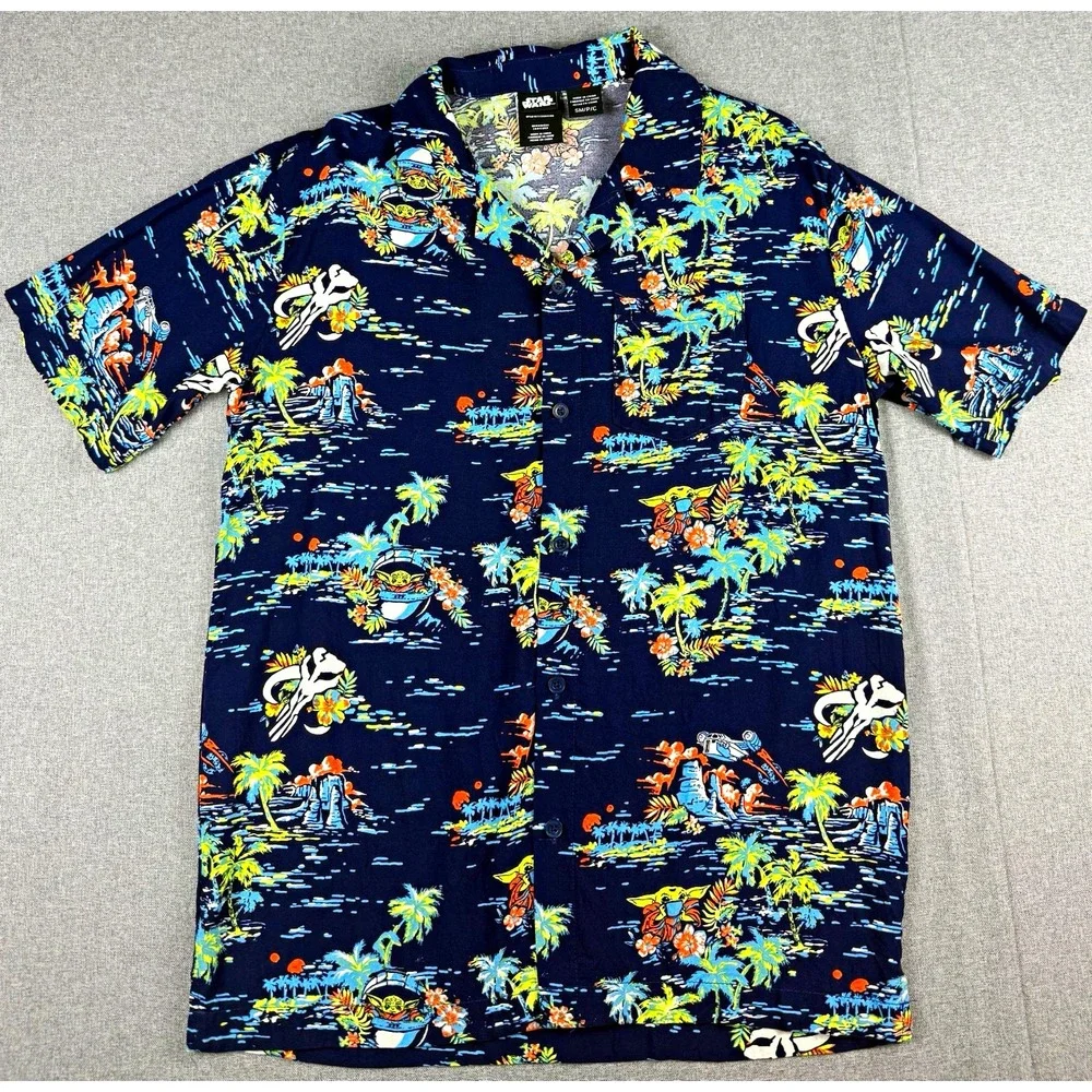 Star Wars Grogu Baby Yoda Hawaiian Camp Shirt Mens Small Blue Button Up Aloha